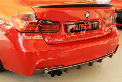BMW 3er F30  (3L) Rieger Heckeinsatz nur für M-Paket-Heckschürze für orig. Doppelendrohr li, ABS, Carbon-Look, für Fzg. mit M-Technik, 
inkl. Montagezubehör, Gutachten