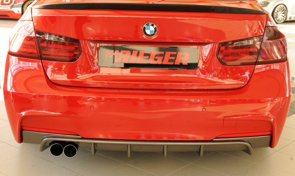 BMW 3er F30  (3L) Rieger Heckeinsatz nur für M-Paket-Heckschürze für orig. Doppelendrohr li, ABS, Carbon-Look, für Fzg. mit M-Technik, 
inkl. Montagezubehör, Gutachten