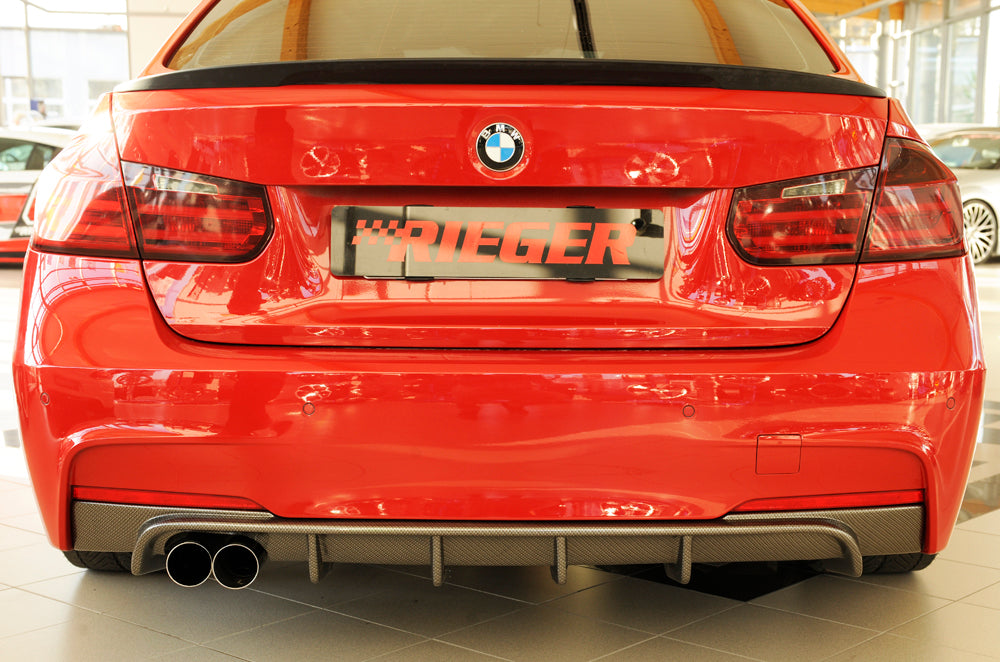 BMW 3er F30  (3L) Rieger Heckeinsatz nur für M-Paket-Heckschürze für orig. Doppelendrohr li, ABS, Carbon-Look, für Fzg. mit M-Technik, 
inkl. Montagezubehör, Gutachten