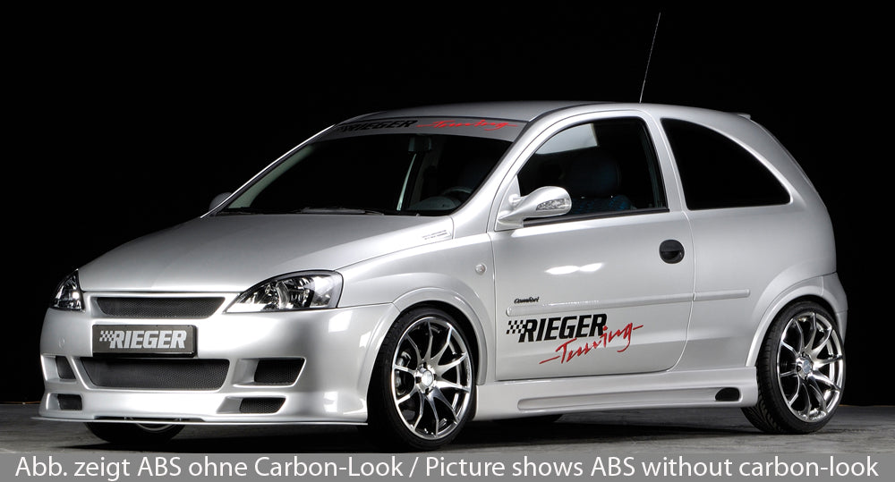 Opel Corsa C Rieger Seitenschweller nicht für 5-tür. rechts, mit Schacht, mit Ausschnitt, ABS, Carbon-Look, 
inkl. Alugitter, Gutachten, Montagezubehör