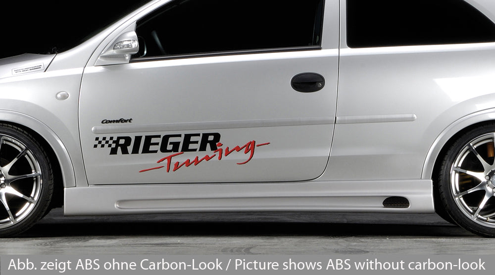 Opel Corsa C Rieger Seitenschweller nicht für 5-tür. rechts, mit Schacht, mit Ausschnitt, ABS, Carbon-Look, 
inkl. Alugitter, Gutachten, Montagezubehör