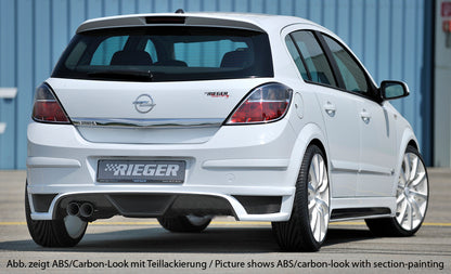 Opel Astra H Rieger Heckschürzenansatz  für Doppelendrohr li., ABS, Carbon-Look, für Fzg. mit OPC und ohne OPC, 
inkl. Montagezubehör, Alugitter