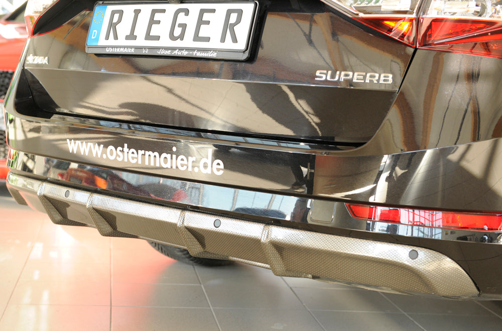 Skoda Superb III (3T/3V) Rieger Heckeinsatz ohne Aussparung für Endrohrblenden ABS, Carbon-Look, für Fzg. mit Einparkhilfe (PDC), 
inkl. Montagezubehör, Gutachten