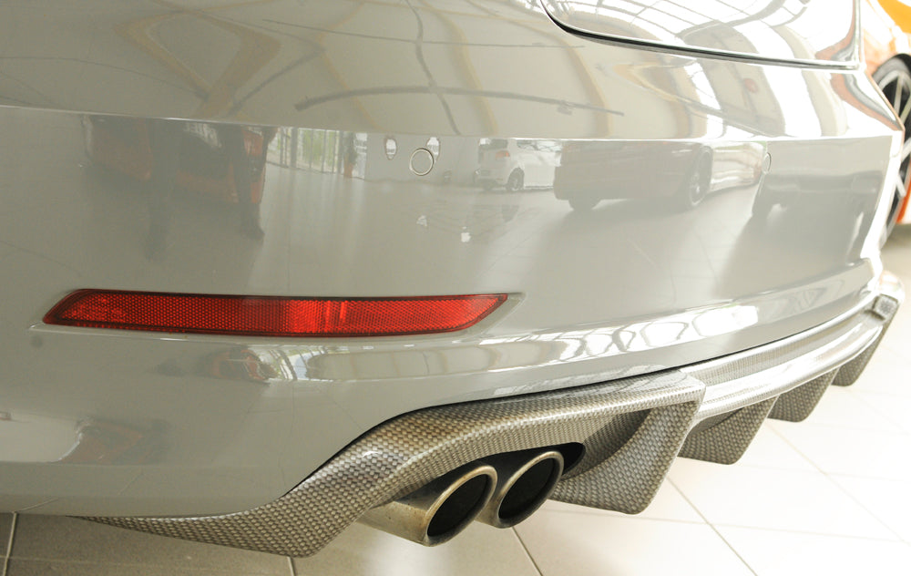 Audi A3 (8V) Rieger Heckeinsatz  für Doppelendrohr li., ABS, Carbon-Look, für Fzg. mit S-Line Exterieur, 
inkl. Montagezubehör, Gutachten