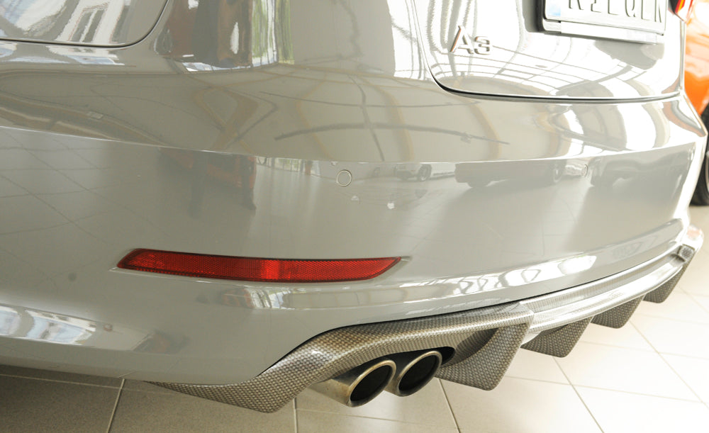 Audi A3 (8V) Rieger Heckeinsatz  für Doppelendrohr li., ABS, Carbon-Look, für Fzg. mit S-Line Exterieur, 
inkl. Montagezubehör, Gutachten
