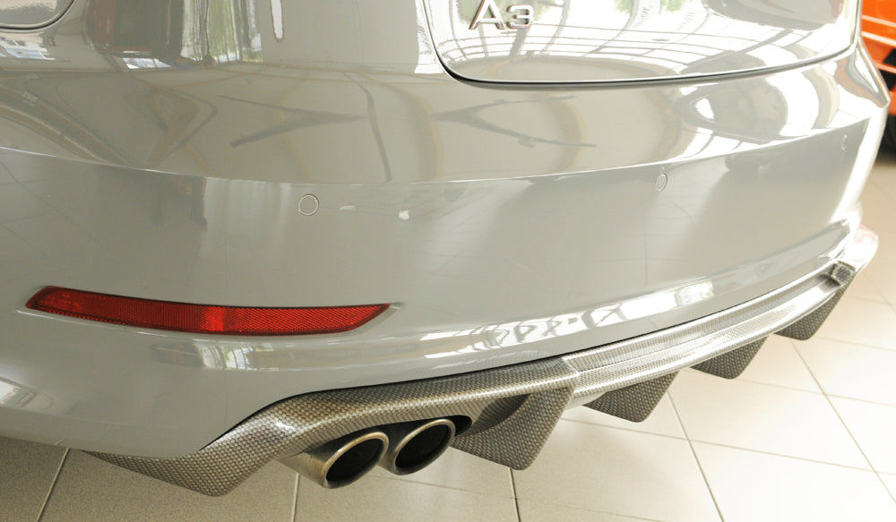 Audi A3 (8V) Rieger Heckeinsatz  für Doppelendrohr li., ABS, Carbon-Look, für Fzg. mit S-Line Exterieur, 
inkl. Montagezubehör, Gutachten
