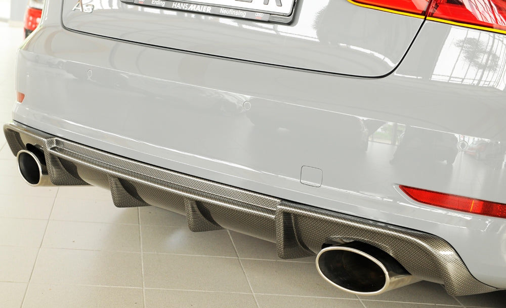 Audi A3 (8V) Rieger Heckeinsatz  für Sportendrohr li. u. re., (152x95mm oval), ABS, Carbon-Look, für Fzg. mit S-Line Exterieur, 
inkl. Montagezubehör, Gutachten