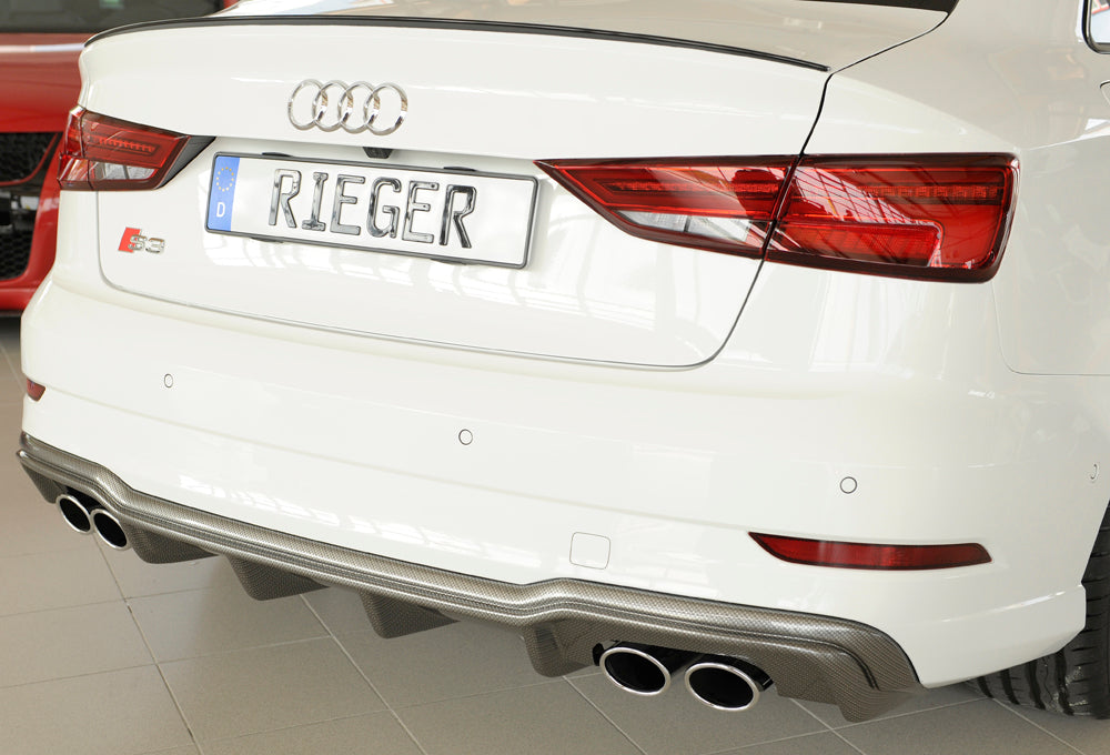Audi A3 S3 (8V) Rieger Heckeinsatz nur S3 (8V) Limousine / Cabrio für orig. Doppelendrohr li u. re, (4x90x72mm oval), ABS, Carbon-Look, für Fzg. mit S-Line Exterieur, 
inkl. Montagezubehör, Gutachten