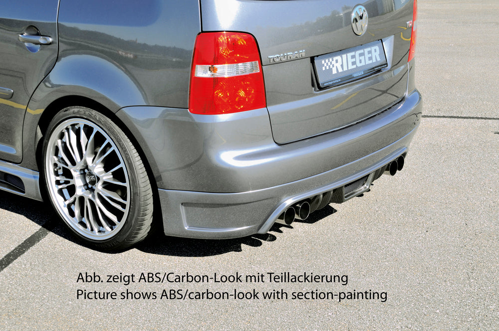 VW Touran (1T) Rieger Heckschürzenansatz  für Doppelendrohr li. u. re., ABS, Carbon-Look, für Fzg. mit Anhängekupplung, 
inkl. Alugitter, Montagezubehör, Gutachten