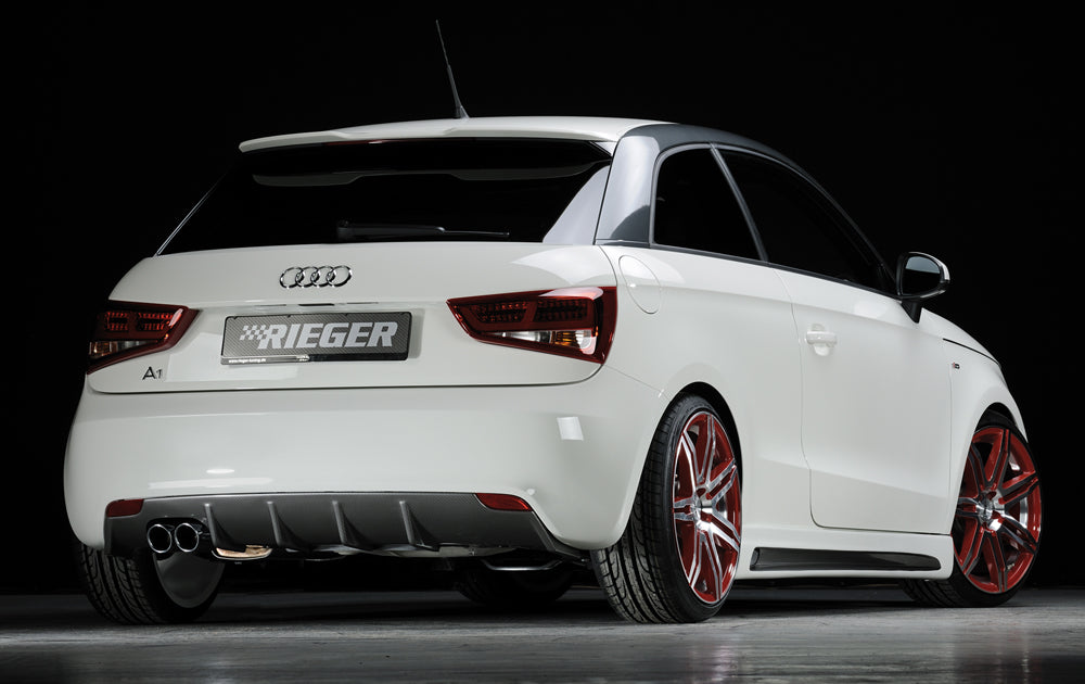 Audi A1 (8X) Rieger Heckeinsatz  für orig. Doppelendrohr li, (2x76mm ø), ABS, Carbon-Look, für Fzg. ohne S-Line Exterieur, 
inkl. Montagezubehör, Gutachten