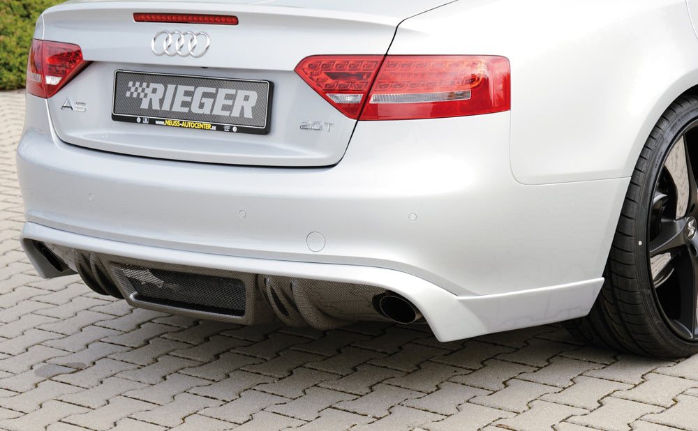 Audi A5 (B8/B81) Rieger Heckschürzenansatz  für orig. Endrohr li. u. re., ABS, Carbon-Look, für Fzg. mit S-Line Exterieur, 
inkl. Alugitter, Montagezubehör, Gutachten