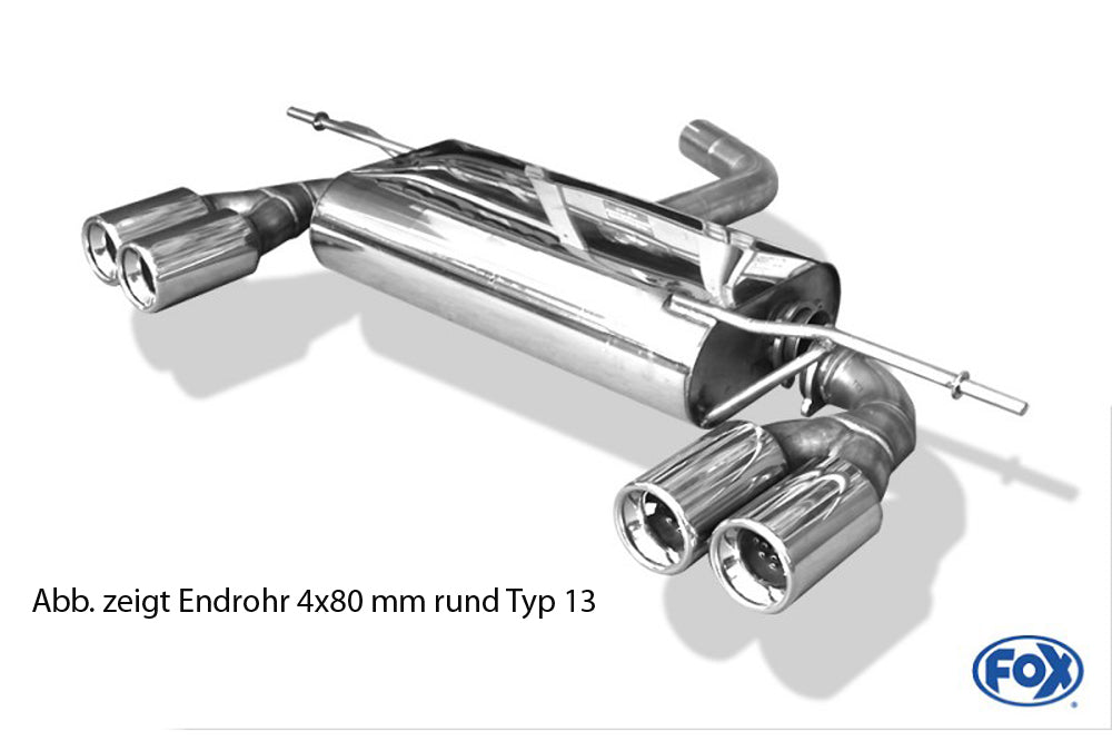 VW Golf 5 Rieger ESD, Golf 5, li./re, 4x76mm, Typ 12 1.4l 55/66kW, 1.6l 75/85kW, 2.0l FSI 110kW........ links, rechts, 4x76mm, seitl. versetzt, mit Prägung, für RIEGER-Heckansatz, Edelstahl, 
inkl. Gutachten