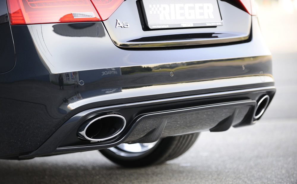 Audi A4 (B8/B81) Rieger ESD Audi A4/A5 (B8) 4Zyl.  ø 66mm Anflutung 1,8l TFSI 130 kW  2,0l TFSI 132/155/165kW  2WD+4WD links, rechts, mit Y-Adapter, für RIEGER-Heckeinsatz RS5-Look, Edelstahl, 
inkl. Montagezubehör, Gutachten
