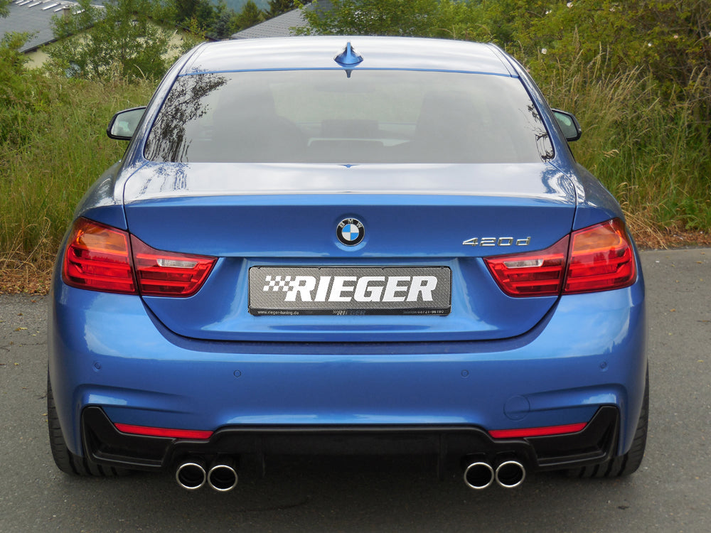 BMW 4er F32  (3C) Rieger ESD BMW 4er F32/F33, 420d 135kW, 435i-Optik 4x80mm, rund, eingerollt, 15° schräg, (Typ 16) links, rechts, 4x80mm, für RIEGER-Heckeinsatz, Edelstahl, für Fzg. mit M-Technik, 
inkl. Montagezubehör, ABE