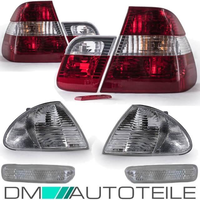 Facelift Set Rot Weiß Rückleuchten + Frontblinker + Seitenblinker Rot Weiß passt für BMW 3er 98-01 Limousine