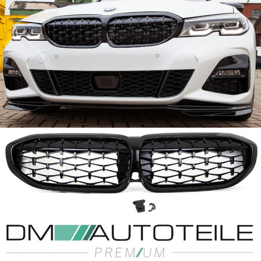 Set Diamant Wabengrill Kühlergril Schwarz Glanz Sport passt für BMW 3er G20 G21