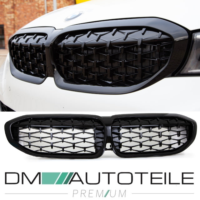Set Diamant Wabengrill Kühlergril Schwarz Glanz Sport passt für BMW 3er G20 G21