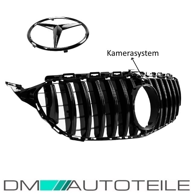 Set Sport-Kühlergrill für Panamericana GT Grill Schwarz Glanz +Stern passt für Mercedes C-Klasse W205 S205 bj.14-18 für Kamera