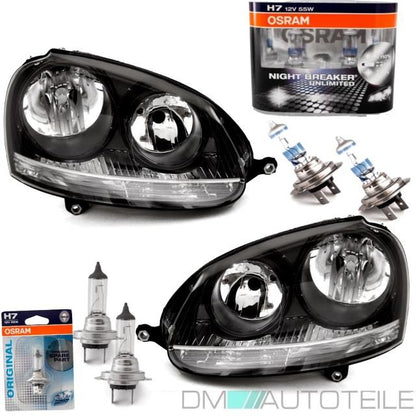 Scheinwerfer Klarglas Schwarz Optik + 2x Osram H7 passt für VW Golf 5 Jetta