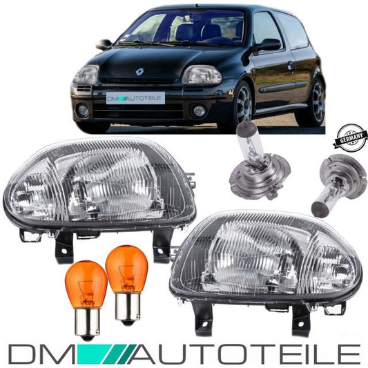 Set Renault Clio II 2 Scheinwerfer Rechts & Links Klarglas Schwarz H4 Bj 98-01 +Birnen