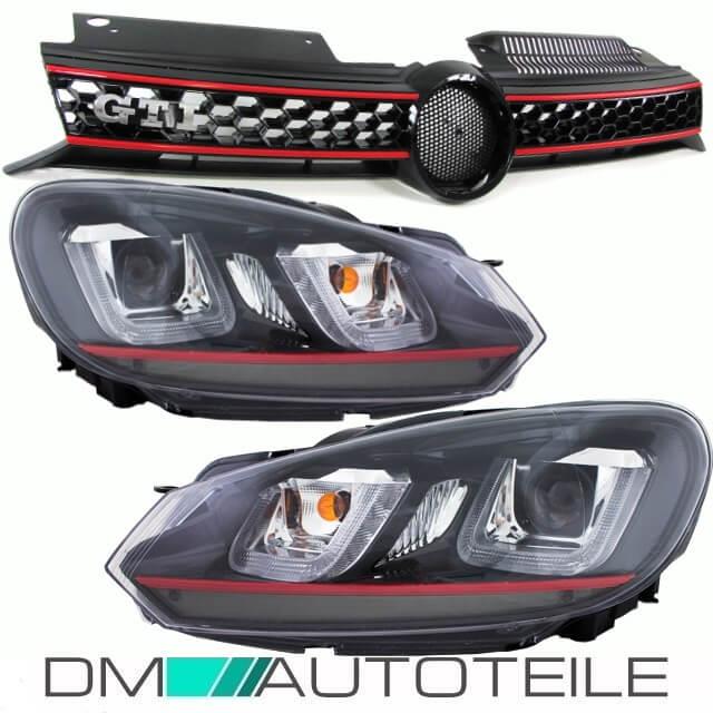 Scheinwerfer SET H7 Rote Leiste 3D LED + Grill passt für VW Golf 6 ab 08-12