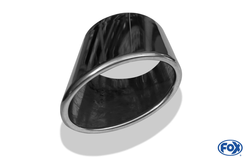 FOX Anschweißendrohr Typ 38 - Rechts 115x85 mm / Länge: 130 mm - oval  - seitlich nach rechts, sowie nach unten abgeschrägt / eingerollt / ohne Absorber