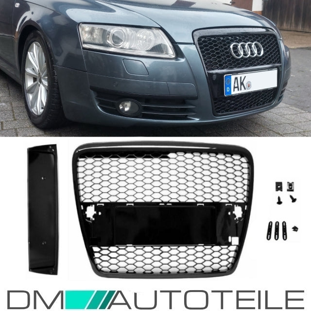 Kühlergrill Wabengrill Schwarz Hochglanz + Kennzeichenplatte passend für Audi A6 C6 Bj 04-09 RS6