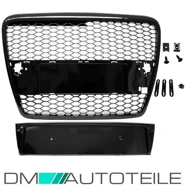 Kühlergrill Wabengrill Schwarz Hochglanz + Kennzeichenplatte passend für Audi A6 C6 Bj 04-09 RS6