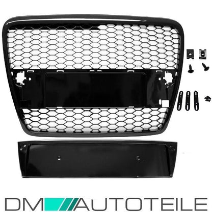 Kühlergrill Wabengrill Schwarz Hochglanz + Kennzeichenplatte passend für Audi A6 C6 Bj 04-09 RS6