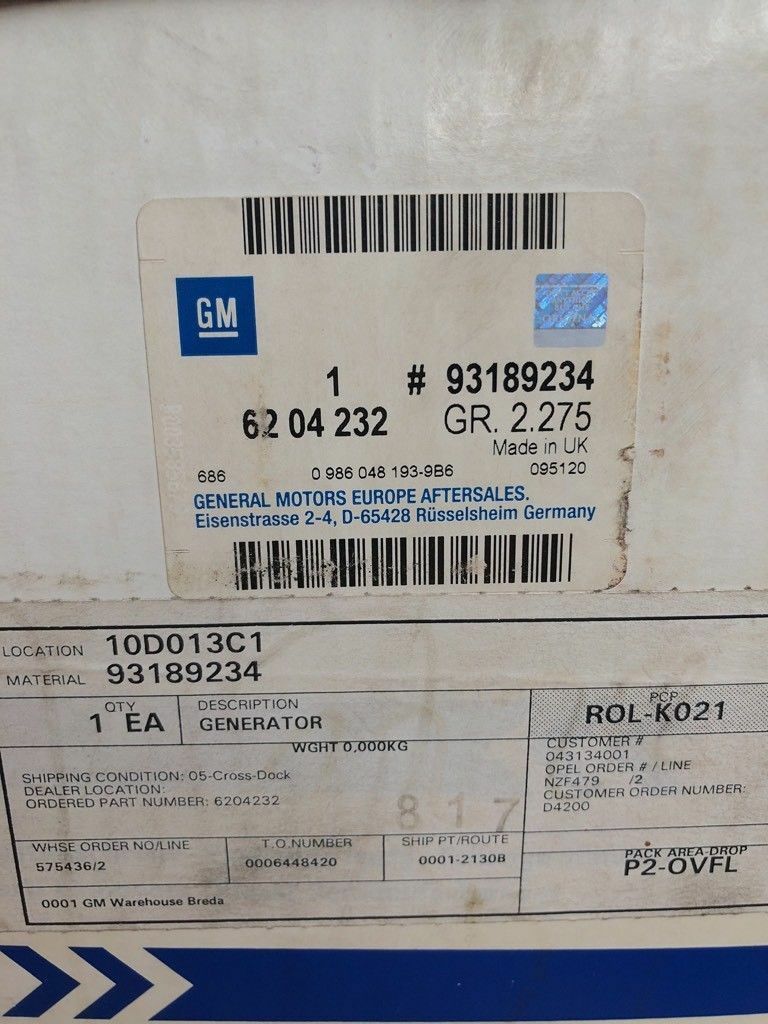 Original GM Opel Astra G Zafira A 2.2 DTR 12V 120A 93189234