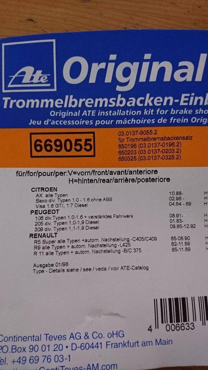 ATE Einbausatz Trommelbremsbacken Citroën Peugeot Renault Neu