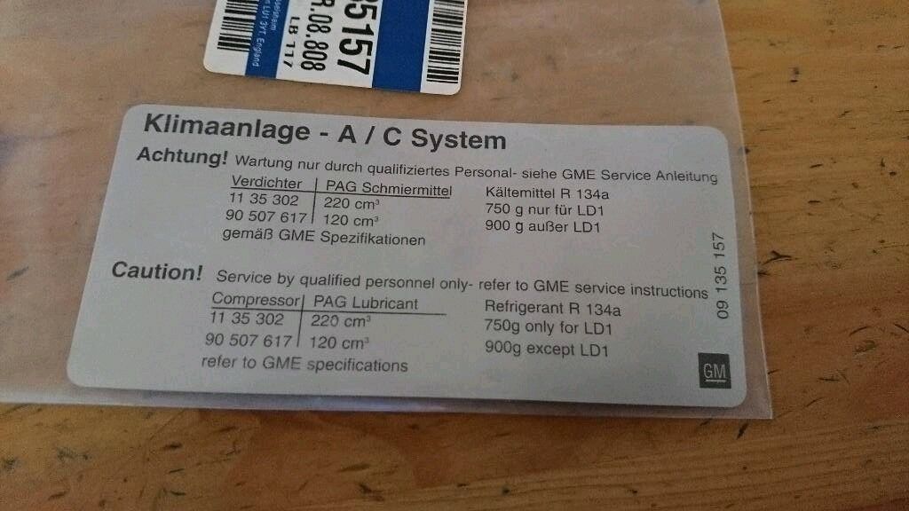 Frontera B Klimaanlage Kompressor Aufkleber neu original GM