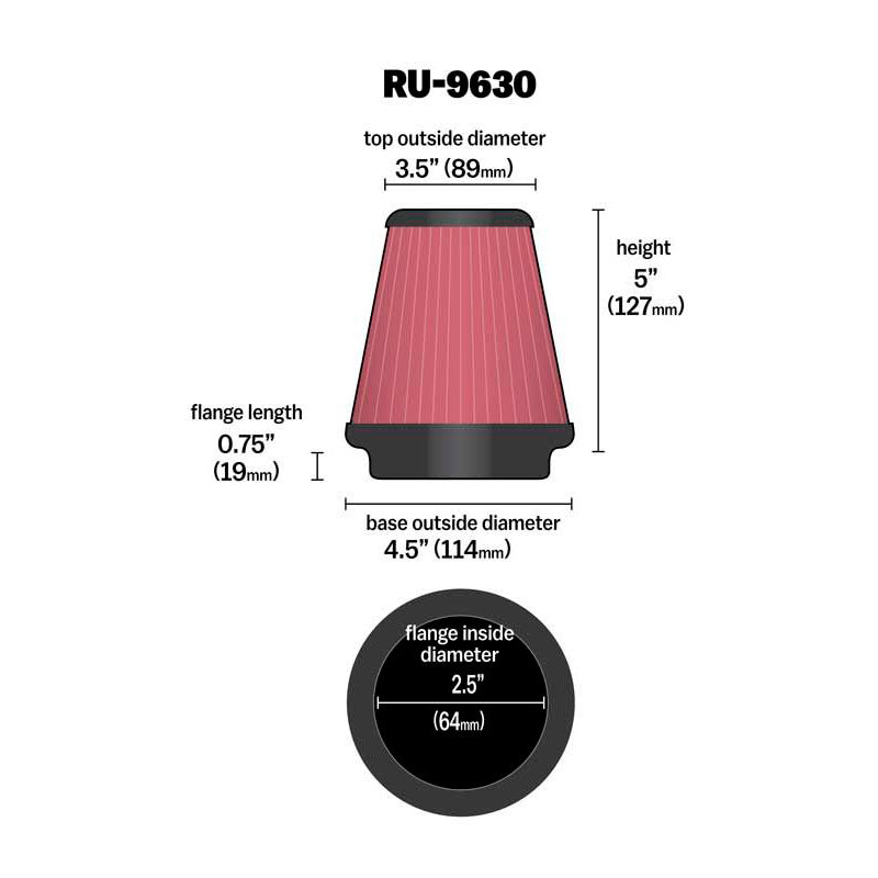 K&N Luftfilter Universal Konisch 64mm Flansch, 114mm Untendurchmesser, 89mm Obendurchmesser, 127mm Höhe (RU-9630)