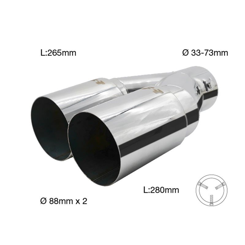 Simoni Racing Auspuffzierstück Doppel Rund Edelstahl - Ø88xL265/280mm - Anschluß 33->73mm