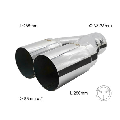 Simoni Racing Auspuffzierstück Doppel Rund Edelstahl - Ø88xL265/280mm - Anschluß 33->73mm