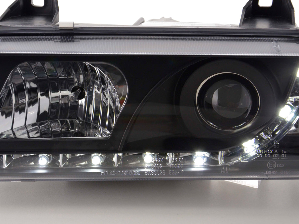 Scheinwerfer Set Daylight LED Tagfahrlicht BMW 3er E36 Limousine Bj. 92-98 schwarz