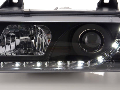 Scheinwerfer Set Daylight LED Tagfahrlicht BMW 3er E36 Limousine Bj. 92-98 schwarz