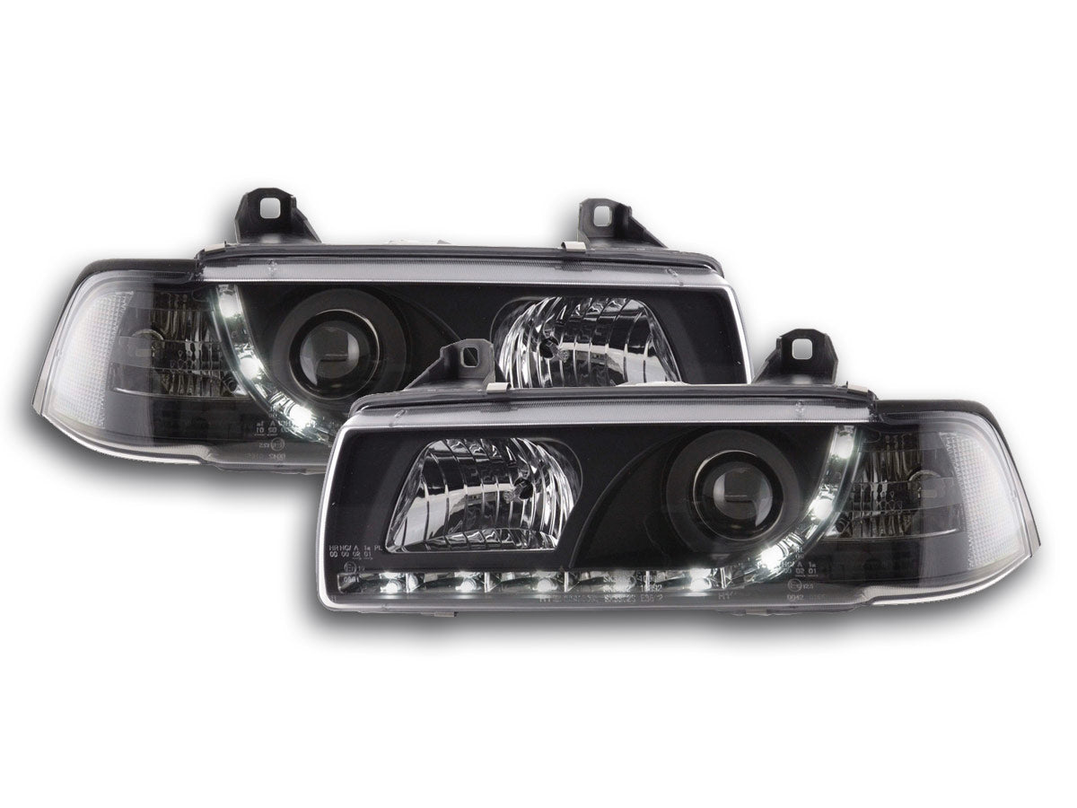 Scheinwerfer Set Daylight LED Tagfahrlicht BMW 3er E36 Limousine Bj. 92-98 schwarz