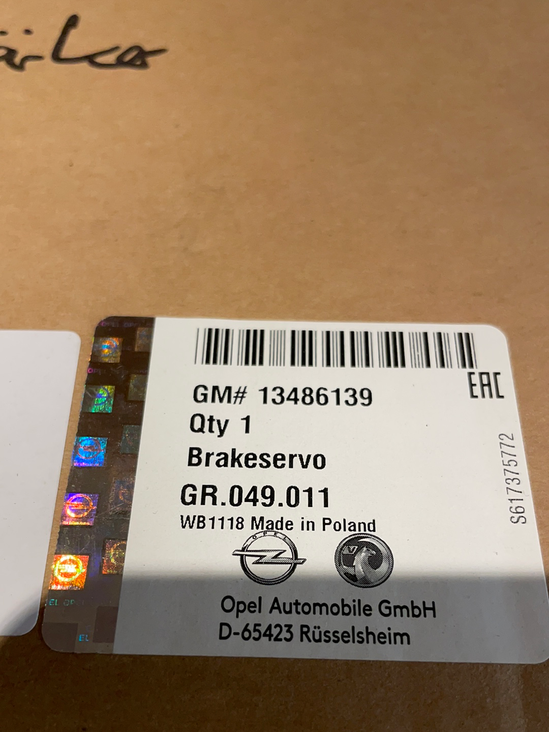 Original GM Opel Astra K Bremskraftverstärker Neu