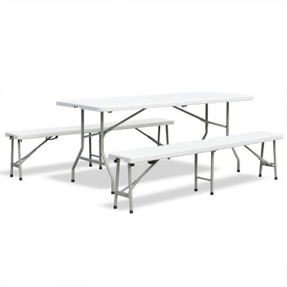 Bierzeltgarnitur, Frühstücks Garnitur, Camping-Set, Esstisch klappbar, Creme-hell, Tisch 180x75x74 cm mit 2 Bänken 183x28x43 cm, aus HDPE Kunststoff mit Metallgestell pulverbeschichtet, mit Klappfunktion und Tragegriffen