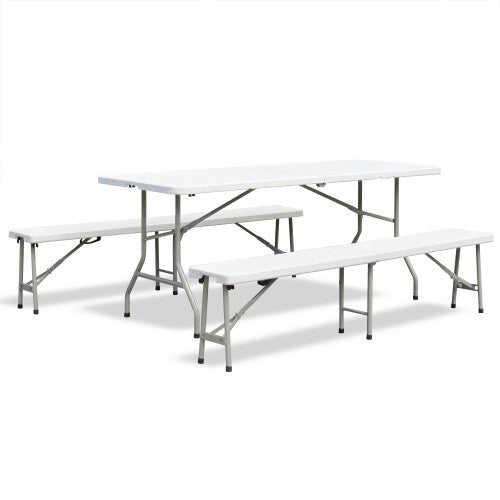 Bierzeltgarnitur, Frühstücks Garnitur, Camping-Set, Esstisch klappbar, Creme-hell, Tisch 180x75x74 cm mit 2 Bänken 183x28x43 cm, aus HDPE Kunststoff mit Metallgestell pulverbeschichtet, mit Klappfunktion und Tragegriffen