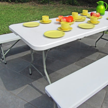 Bierzeltgarnitur, Frühstücks Garnitur, Camping-Set, Esstisch klappbar, Creme-hell, Tisch 180x75x74 cm mit 2 Bänken 183x28x43 cm, aus HDPE Kunststoff mit Metallgestell pulverbeschichtet, mit Klappfunktion und Tragegriffen