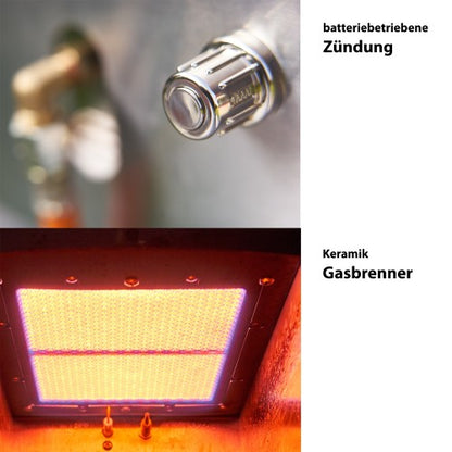 800 °C Oberhitze Gasgrill aus Edelstahl - Leistung: 3,5 KW/ 800 °C, Stufenloses regulieren, Gas-Keramikbrenner Rosthalter - Gas Niederdruckregler.