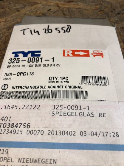 Original TYC Opel Corsa D Spiegelglas rechts Außenspiegel Neu