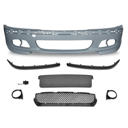 Frontstoßstange im Rennsport-Design mit Kühlergitter, Stoßleisten und Nebelscheinwerferhalterungen passend für BMW 3er E46 Limousine +Touring Baujahr 1998 - 2005
