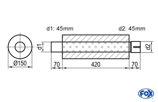 FOX Uni-Schalldämpfer rund mit Stutzen - Abwicklung 466 Ø 150mm, d1Ø 45mm außen - d2Ø 45,5mm innen - Länge: 420mm