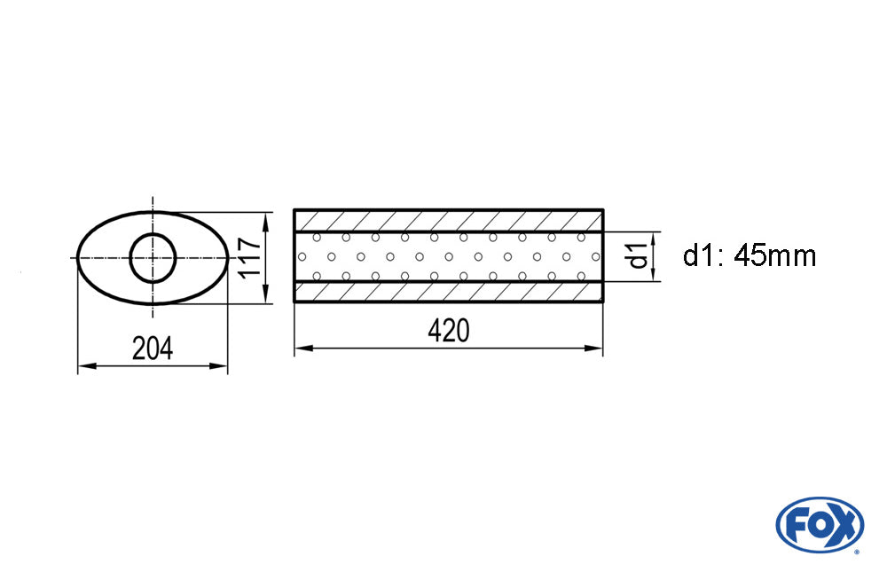 FOX Uni-Schalldämpfer oval ohne Stutzen - Abwicklung 525 204x117mm, d1Ø 45mm, Länge: 420mm