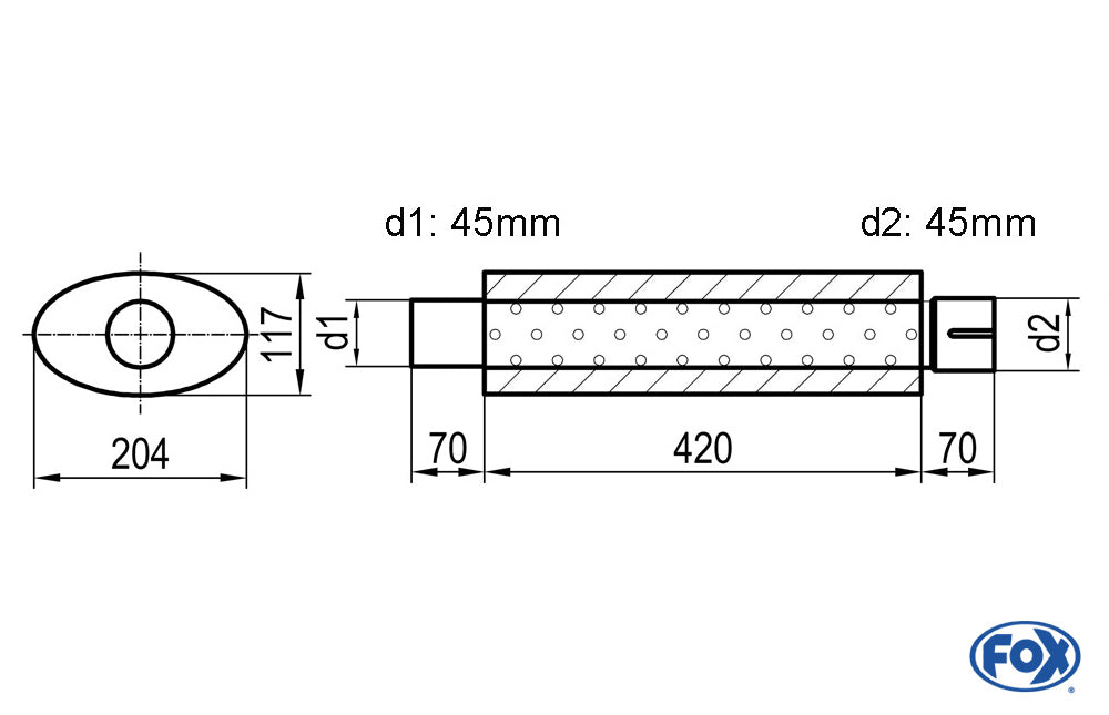 FOX Uni-Schalldämpfer oval mit Stutzen - Abwicklung 525 204x117mm, d1Ø 45mm  d2Ø 45,5mm, Länge: 420mm