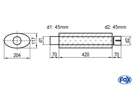 FOX Uni-Schalldämpfer oval mit Stutzen - Abwicklung 525 204x117mm, d1Ø 45mm  d2Ø 45,5mm, Länge: 420mm