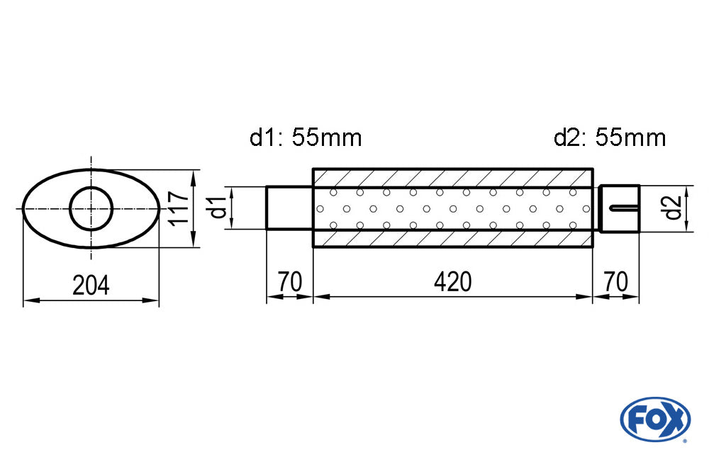 FOX Uni-Schalldämpfer oval mit Stutzen - Abwicklung 525 204x117mm, d1Ø 55mm  d2Ø 55,5mm, Länge: 420mm